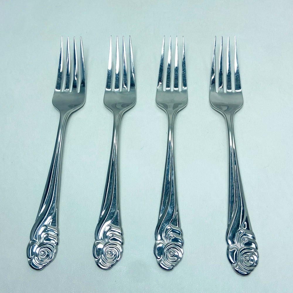 Lot of 4 Yamazaki Ribbon Rose Stainless Glossy Dinner Forks 7 5/8" Japan